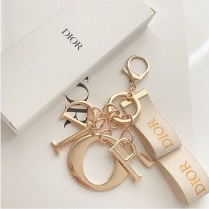 Dior Logo Charm Keyring in Gold and Cream Leather